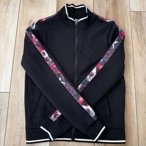 Forever 21 Sporty Black White Rose Arm Detail Athletic Track Jacket XS Full Zip